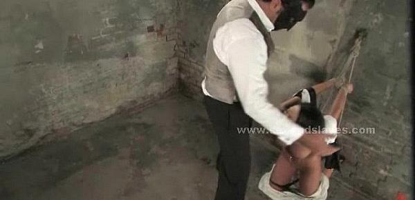  Gorgeous brunette taken from magic show forced to fuck in brutal violent bondage